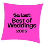 Knot-2025 Bright pink badge with the text "the knot Best of Weddings 2025" in bold black lettering.