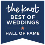 Knot-Hall A navy blue badge with white text reading "the knot Best of Weddings Hall of Fame" and a small orange star beneath the word "Weddings".