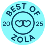 Zola-2025 A blue circular badge with the text "Best of Zola 2025" and two interlocking heart outlines in the center.